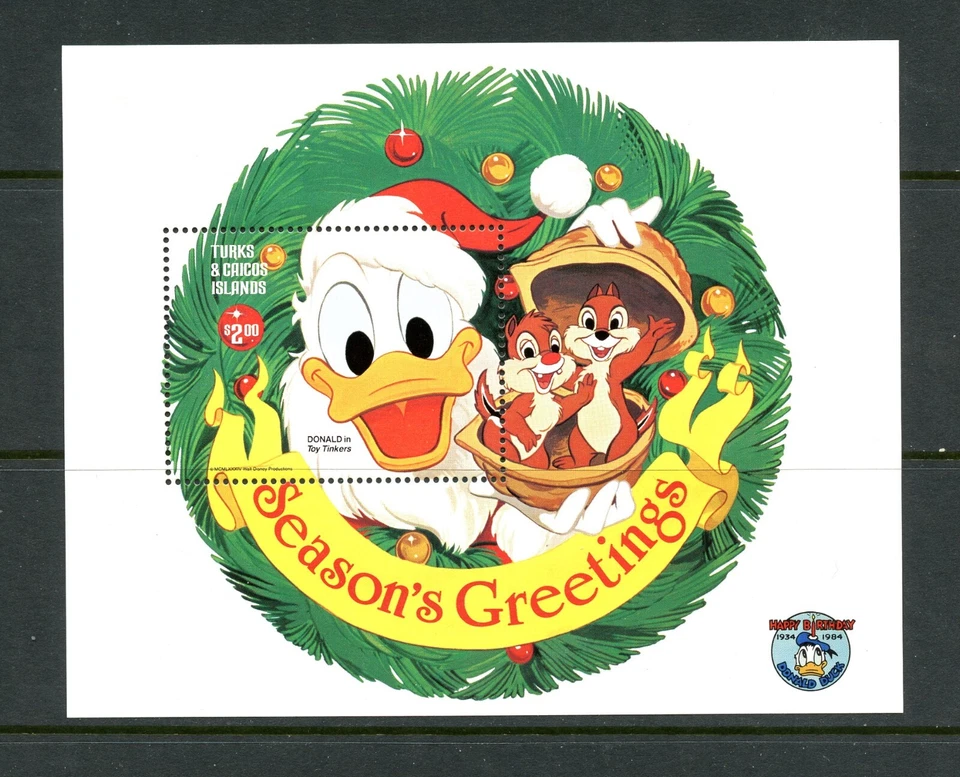 Hoja de Navidad O483 Turks & Caicos 1984 Disney Donald MNH Foto 1 de 1