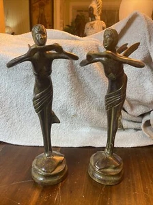Great Pair Of Art Deco Bronze Winged Fairy Statues -  Fayette the Lute Fairy - Picture 1 of 7