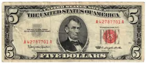 1963 USA United States Notes 5 Dollar Banknote P383 Red Seal Circulated Tb - Picture 1 of 2