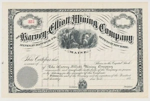 Certificado de acciones de Harvey Elliott Mining Company Maine - Imagen 1 de 1