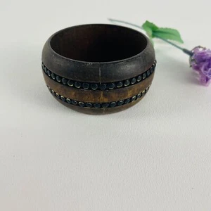 Vintage Wooden Bangle With Black Studs & Brass Accents - Retro Boho Chic Jewelry - Picture 1 of 5