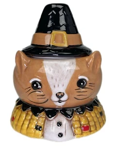 5.5” Cat Pilgrim Critter Ceramic Bowl with Lid Halloween Fall Candy Dish - Picture 1 of 5
