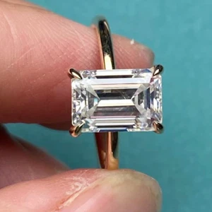 3.00 Ct Emerald Cut Moissanite Solitaire Engagement Ring 14k Yellow Gold Plated - Picture 1 of 10