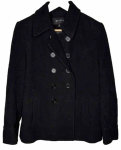 Kristen Blake Pea Coat Jacket  Sz M Black Double Breasted Mid Length Wool Blend - Picture 1 of 5