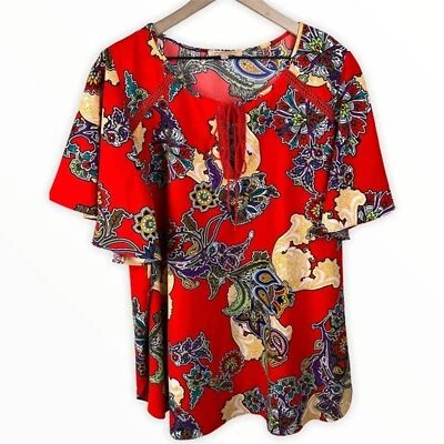 Blusa Gibson Latimer para mujer roja con estampado de cachemira manga corta aleteada talla grande 1X Foto 1 de 4