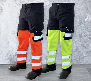 Mens Hi-Viz Visibility Bottoms Safety Pants Work Cargo Stripe Trousers Joggers - Picture 1 of 7
