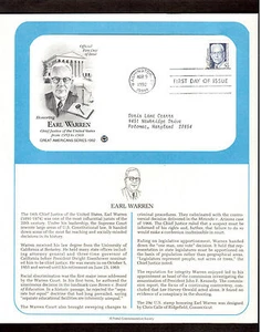 Postal First Day Covers FDC Stamp # 2184 29 cent Earl Warren 1992 - Picture 1 of 1