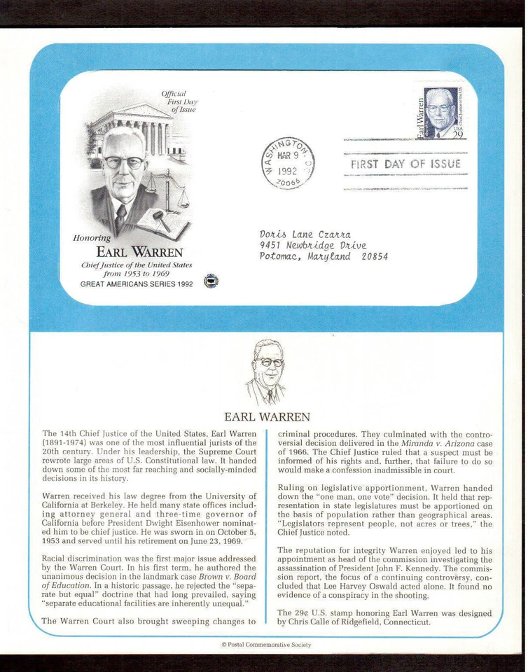 Postal First Day Covers FDC Stamp # 2184 29 cent Earl Warren 1992 - Image 1 of 1