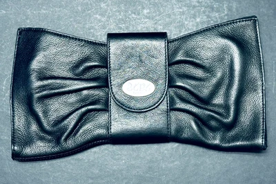 New BCBG Paris Black Leather Bow Shaped Clutch Bag Purse Zip Closure 11.25" x 6" - Image 1 of 4