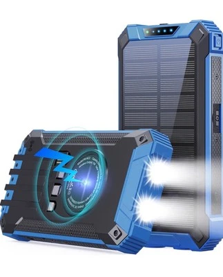 Banco de energía solar azul 36000 mAh incorporado 4 cables Qi cargador inalámbrico caja sellada Foto 1 de 4