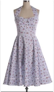NWT Hell Bunny Blue & White Striped & Floral swing dress, rock&roll - Sz Large - Picture 1 of 5