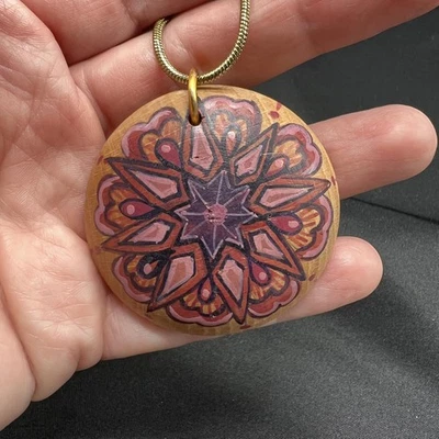 Vintage Wooden Pendant Hand Painted Mandala - Nancy Wietler Istanbul 1983 - Image 1 of 4