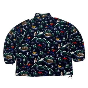 VTG 90s LL Bean AOP Holiday Winter Print Snap T Fleece Jacket USA Made Size XL - Picture 1 of 17
