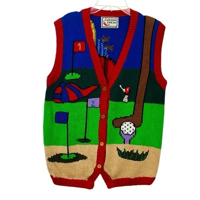 Suéter de Golf Vintage Chaleco Peruano 3D/Golfista Hecho a Mano Cárdigan Tejido Feo Talla M Foto 1 de 4