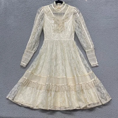 Gunne Sax Dress Womens 3 Cream Lace Bridal Ruffle Victorian Sheer Buttons Vtg - Image 1 of 4