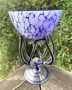 De colección Jozefina Krosno Arte Vidrio Pedestal Cuenco Medusas 9.5"" H Azul Polonia - Imagen 1 de 10