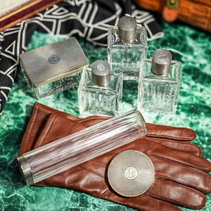 Stunning Antique French Sterling Silver Crystal Bottle Box Vanity Dresser Set - Picture 1 of 18