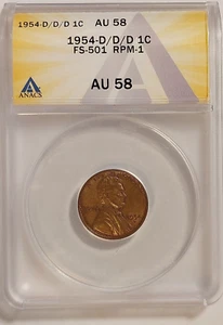 1954-D LINCOLN CENT PENNY D/D/D FS-501 RPM-1 ERROR ANACS AU 58 - Picture 1 of 5