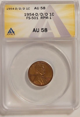 1954-D LINCOLN CENT PENNY D/D/D FS-501 RPM-1 ERROR ANACS AU 58 - Image 1 of 4