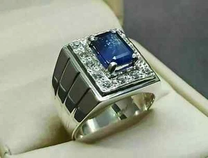Luxurious Halo Men's Engagement Ring 2.69Ct Emerald Blue & Round White Sapphire - Picture 1 of 9