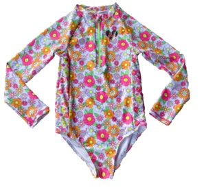 Betsey Johnson Girls 14 Rashguard One Piece Swimsuit Long Sleeve Bright Flowers - Picture 1 of 17