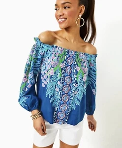 NWT Lilly Pulitzer Aimes Off-the-Shoulder Top Blouse Barton Blue Seacret Sz L - Picture 1 of 6