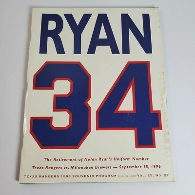 1996 Texas Rangers Nolan Ryan Uniform Number 34 Retirement Souvenir Program - Image 1 of 4