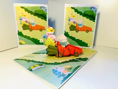 Tarjetas Pop Origami Feliz Pascua Conejo Huevo de Conejo en Rojo Zanahoria Coche Pop Up Vacaciones Foto 1 de 4