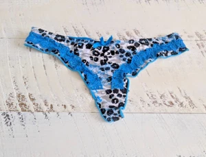 Native Intimates Size S Vintage Y2K Gray & Cerulean Blue Leopard Ruffle G-String - Picture 1 of 4
