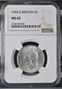 Great Britain - 1943 George VI Silver Florin / 2 Shillings - NGC MS65 TOP POP! - Picture 1 of 2
