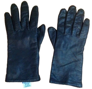 VINTAGE FOWNES LEATHER GLOVES WOMENS 7 1/2 BLACK ELASTIC WRIST ACRYLIC LINED 90s - Picture 1 of 9