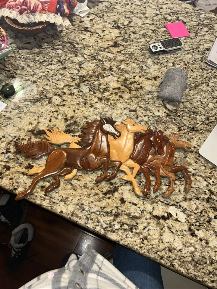 Vintage wooden wall decor horses running carved - Image 1 of 4