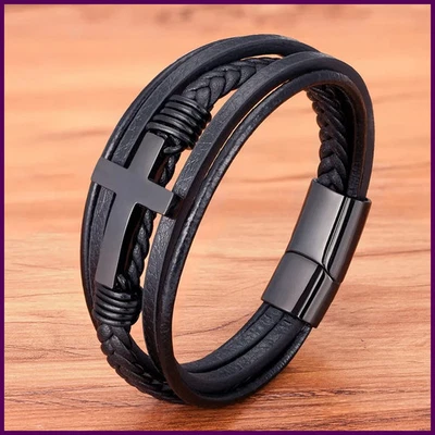 Pulsera de cuero de acero inoxidable con diseño de cruz multicolor de lujo para hombre 19/21/23 cm Foto 1 de 4