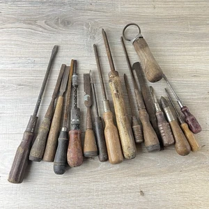 Atq Vtg Wood Working Tools & Screwdrivers Wood Handles 17pc - Picture 1 of 18
