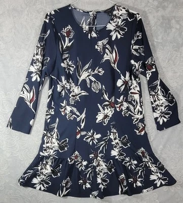 Vestido HALOGEN Mujer Talla L Azul Marino Floral Cuello Redondo Manga Larga Foto 1 de 4