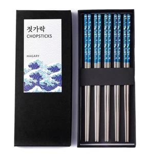 Blue Wave Chopsticks 5 Pairs Metal Chopsticks Reusable Designed In Korea Japa... - Picture 1 of 7