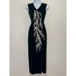 Samt smaragdgrün Perlen Maxi hoher Schlitz Kleid S Urlaub Party Elegant Glam  - Bild 1 von 13