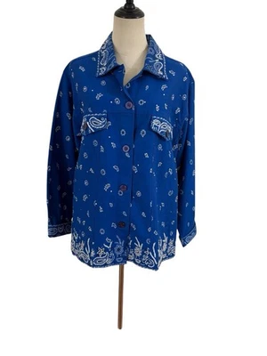 Vtg NWT Quacker Factory Jean Jacket Blue Bandanna Beaded Western Chore Coat Sz L - Image 1 of 4