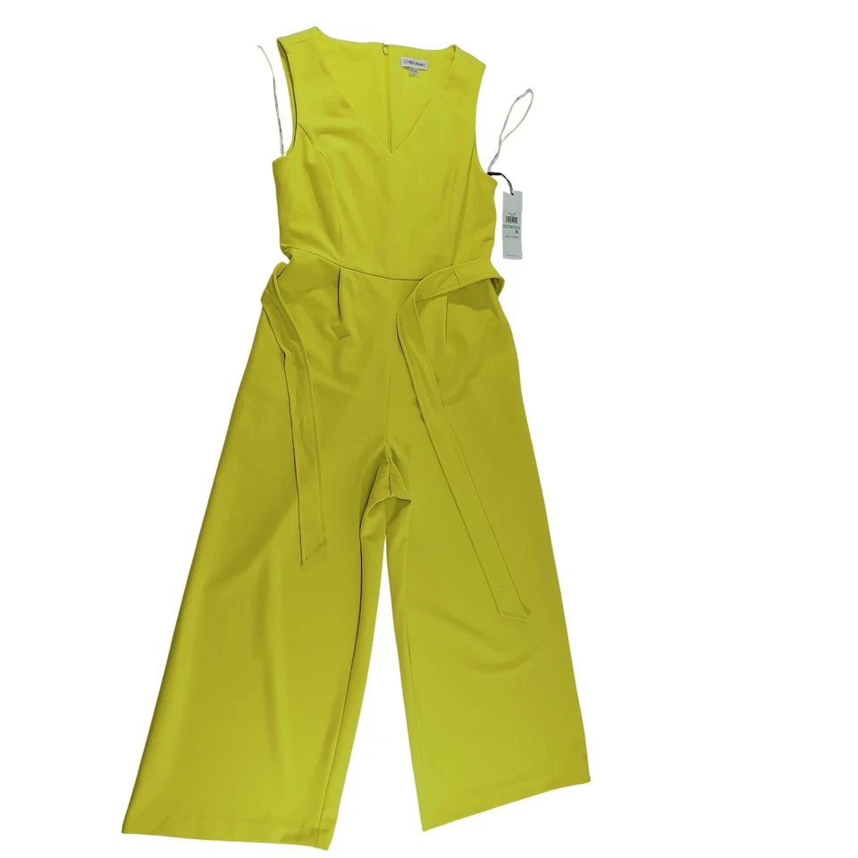 Calvin Klein Yellow Sleeveless Wide Leg Jumpsuit Cropped Pants Belted Size 8 - Image 1 of 4