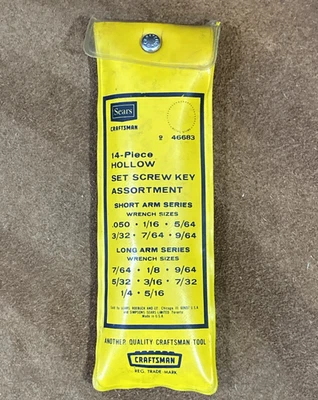 Craftsman 46683 14 Piece Hollow Set Screw Key Assortment Complete Vtg. Tool Set - Image 1 of 4