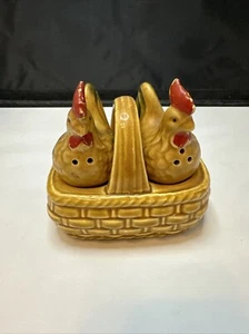 Vintage Ceramic Chicken Salt & Pepper Shakers With Weaved Basket Tray - Picture 1 of 3