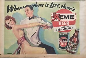 1937 full color newspaper ad for Acme Beer - Dancing couple, art by Sinclair