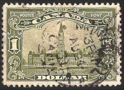 Canada Stamp # 159 VF Used - Dated $1 Parliament KGV Scroll ~UN $120 (1929) - Image 1 of 2