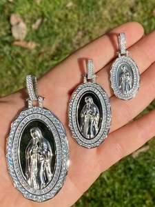 Real 925 Sterling Silver Virgin Mary Necklace Pendant Iced CZ Medallion Men - Picture 1 of 11