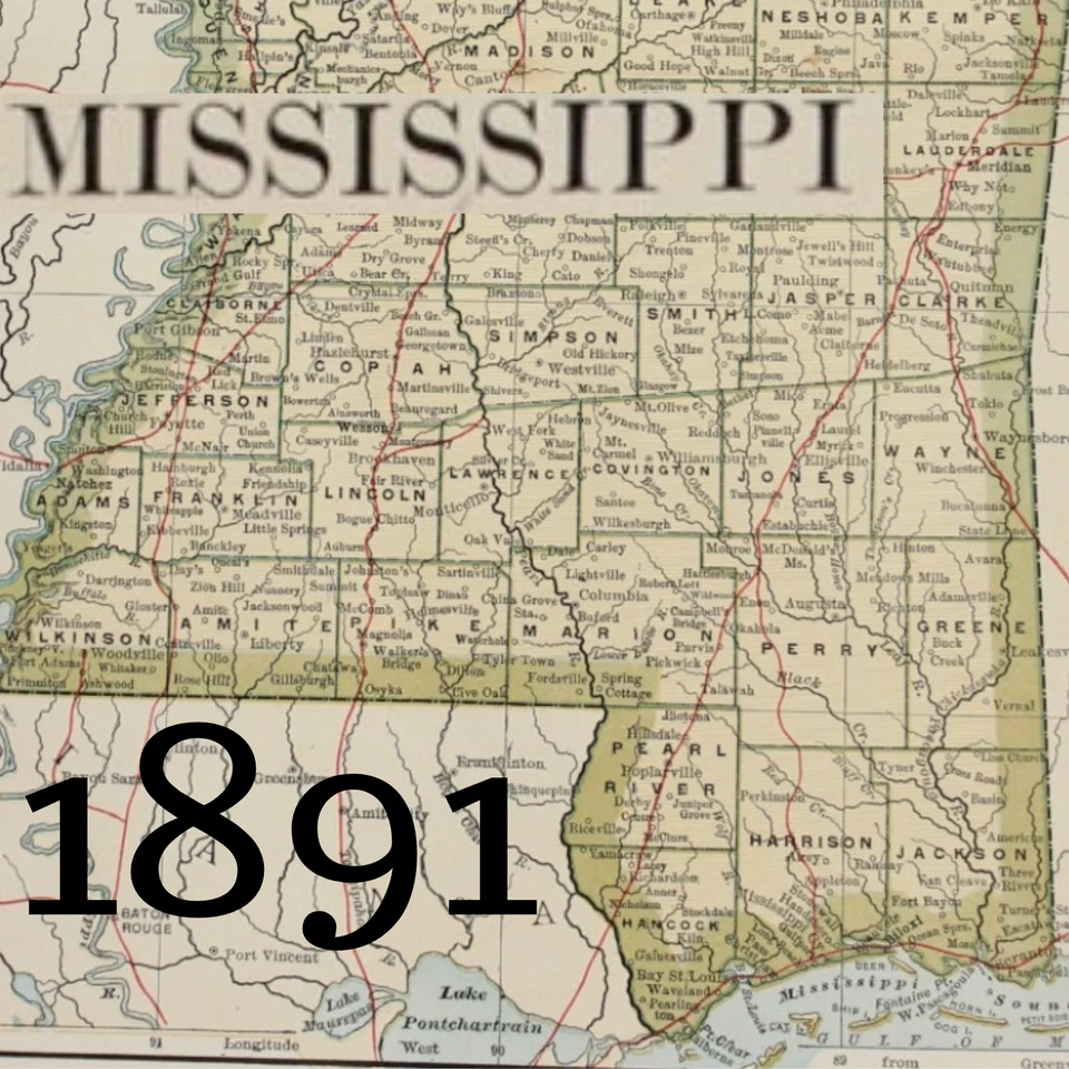 MAPA DE MISSISSIPPI 1891 ANTIGUO A TODO COLOR FERROCARRIL MONTAÑA ERA VICTORIANA SONIDO Foto 1 de 2