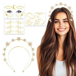 Haarreif Sterne, 4 Stück Stern Stirnband Doppellagig mit 3* Gesichtstattoo, Stra - Bild 1 von 9