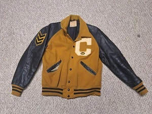 Vintage 70s 80s Varsity Jacket Yellow Sz 38 DeLong Mens Leather Wool "C" - Picture 1 of 9
