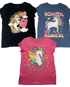 Girls T-Shirt Size XL 14 unicorn Short Sleeve Pink Black Blue Gold New With Tags - Picture 1 of 14