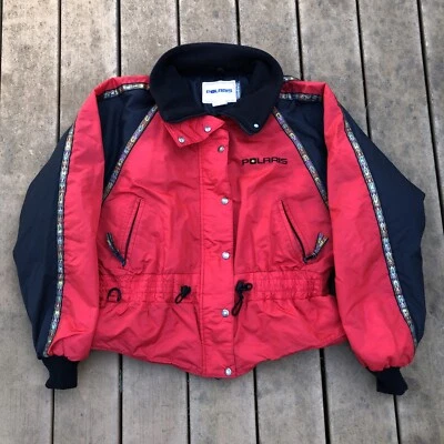 Vintage Polaris Snowmobile Jacket 1990s Womens LARGE Red Black W Metallic Ribbon - Image 1 of 4