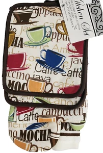7pc SET:2 POT HOLDERS,2 TOWELS,2 DISHCLOTHS &1 OVEN MITT,COLORFUL COFFEE CUPS,BH - Picture 1 of 12